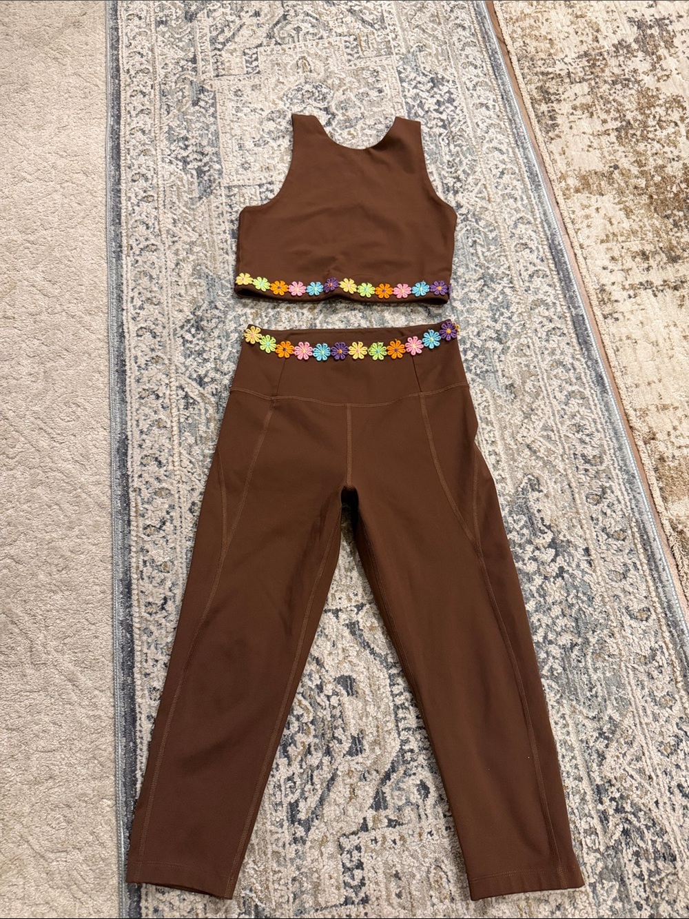 girlfriend collective Brown Floral-Trim High-Waist Leggings & Crop Top Set